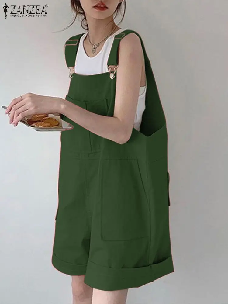 

ZANZEA Casual Streetwear Overalls Stylish Solid Color Women 2024 Summer Suspender Rompers Wide Leg Shorts Pockets Short Jumpsuit