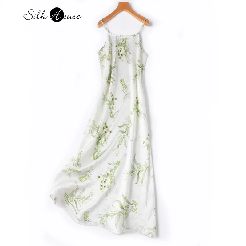 

21MM White Flower Jacquard Mulberry Silk Lengthened Adjustable Strap Long Dress Silk Mulberry Wave Satin Dress