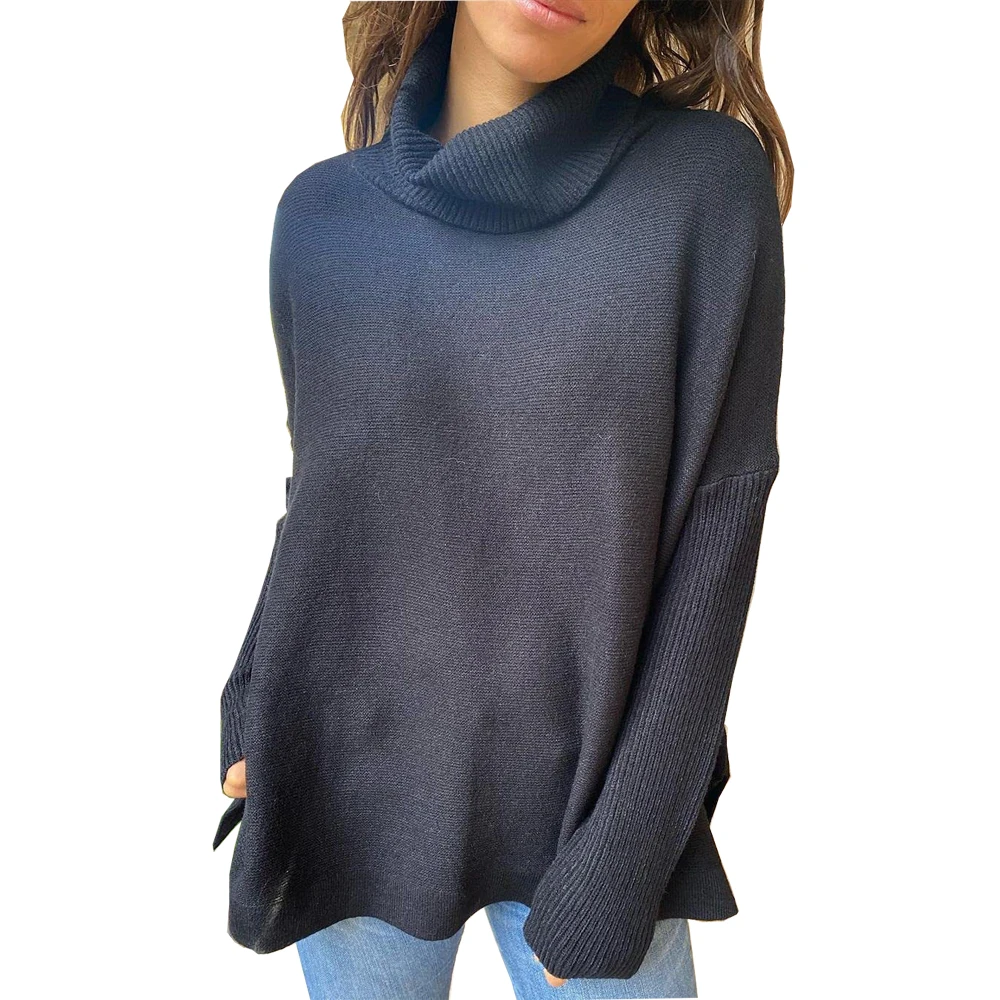 

Women's Turtleneck Oversized 2024 Long Batwing Sleeve Spilt Hem Knit Tunic Pullover Sweater Tops Dropshipping