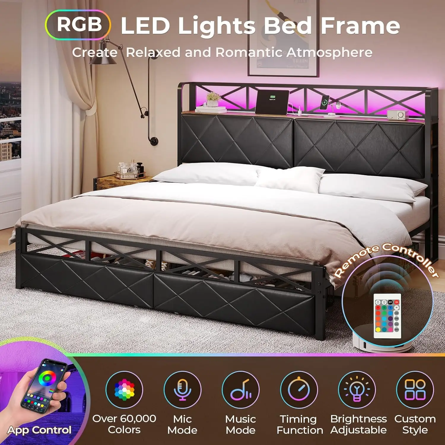 King Size Bed Frame with Storage Headboard and 2 Drawers Metal King Platform Bed with Led Lights and Hidden Storage Upholstered 3