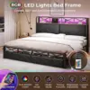 King Size Bed Frame with Storage Headboard and 2 Drawers Metal King Platform Bed with Led Lights and Hidden Storage Upholstered 3