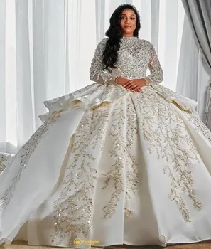 Gorgeousxx Sparkly Sequins Arabic Wedding Dress Long Sleeves African Bridal Gown Puffy Ruffles Dubai Robe De Mariage Customized 1