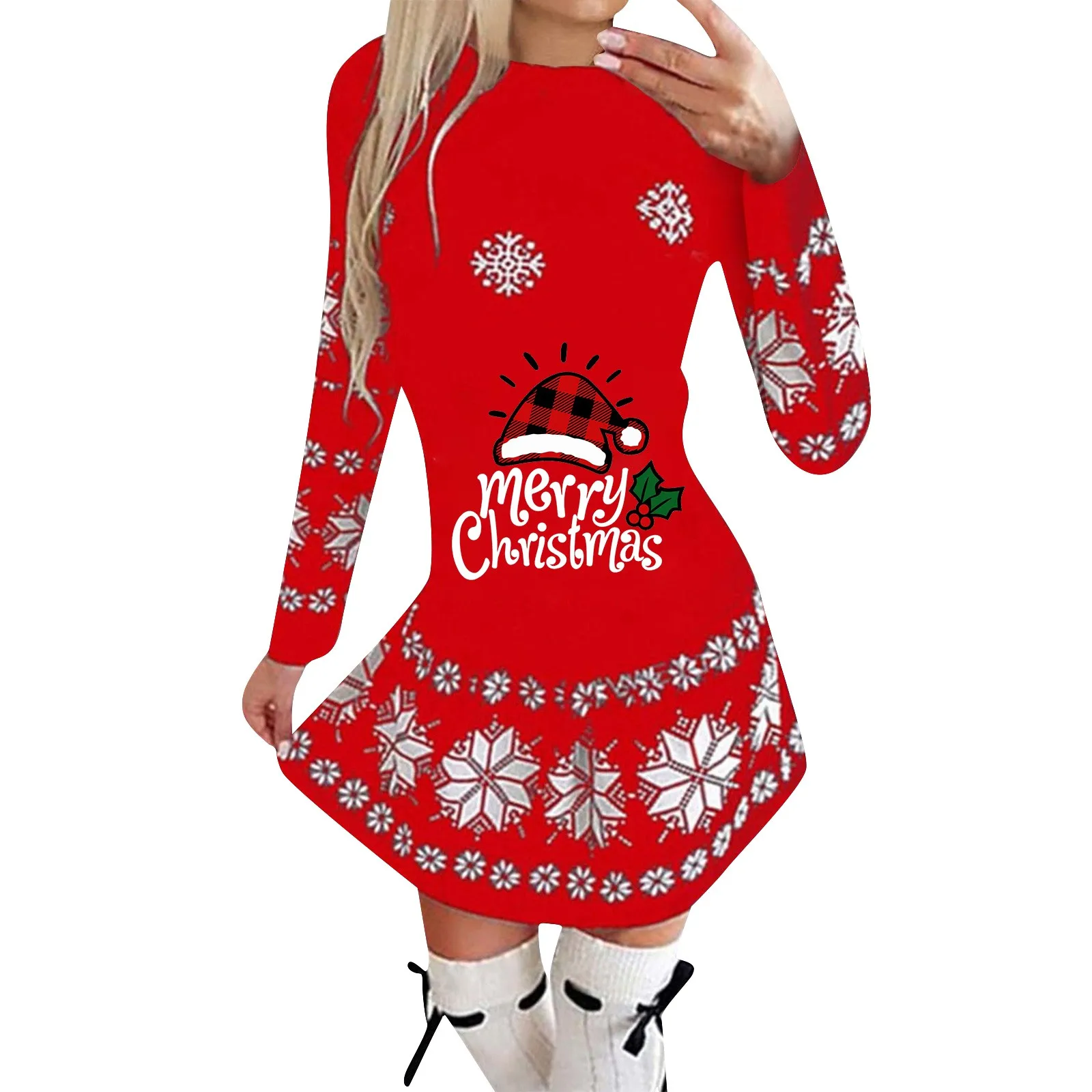 

Women's Fashion Pleated Skir Round Neck Christmas Print Pleated Skirt Long Skirt New Fashion Simple Versatile Clothing 2023
