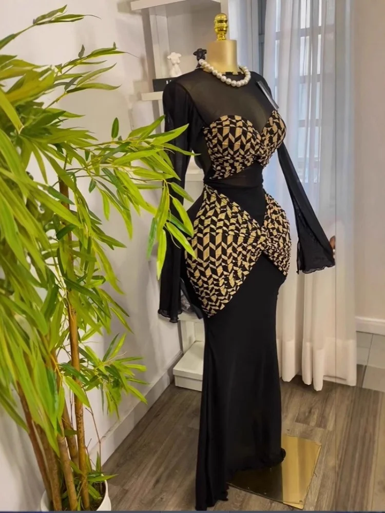 Wmstar Dress Women Wholesale in The Autumn of 2025 A Cross Border Printed Pleated Tight Feminine Charm Long Sleeved Black