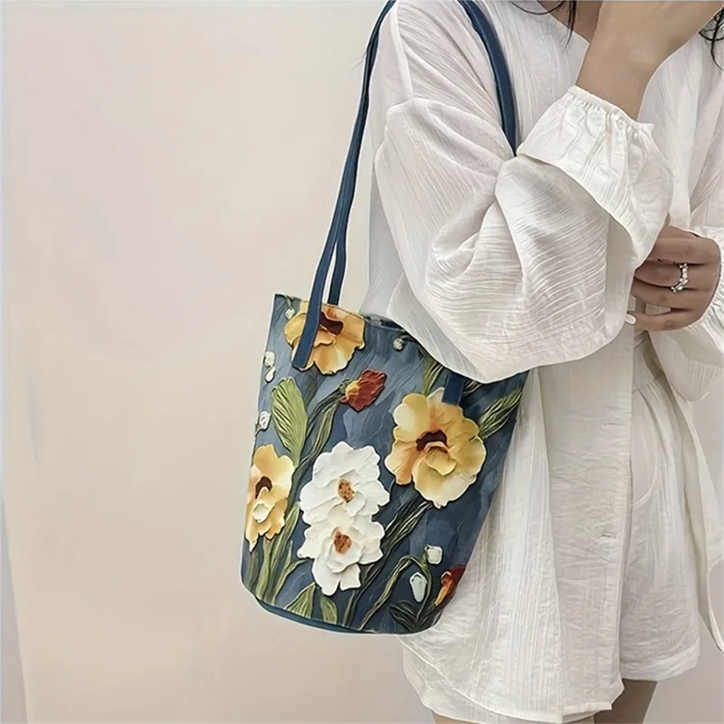 Floral Bucket Bag for Women, Shoulder Crossbody Oil Painting Flower Design Casual Fashion Tote Bag, Available Green, Blue, Black