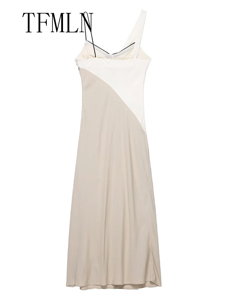 TFMLN Elegant Women Patchwork Slim Strap Dress 2025 Summer Pile Collar Sleeveless Beach Party Dress Sexy Asymmetrical Midi Dress