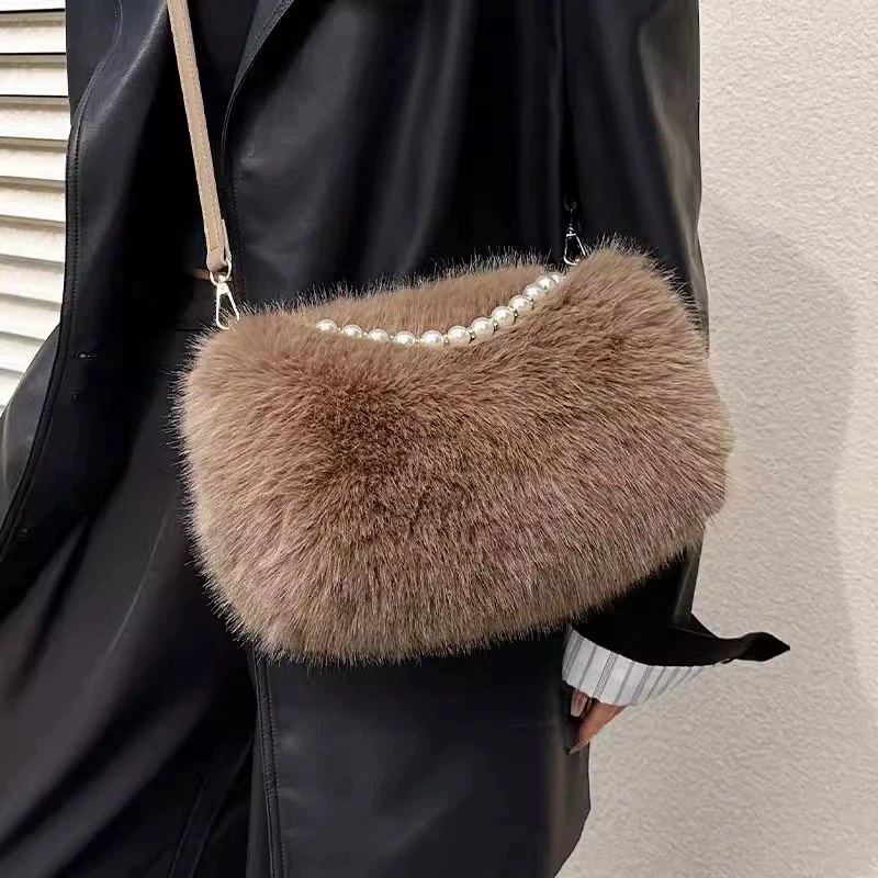 Winter Fashion Women's Faux Fur Shoulder Bags Candy Color Pearl Handle Crossbody Bag Small Fluffy Female Pillow Handbags