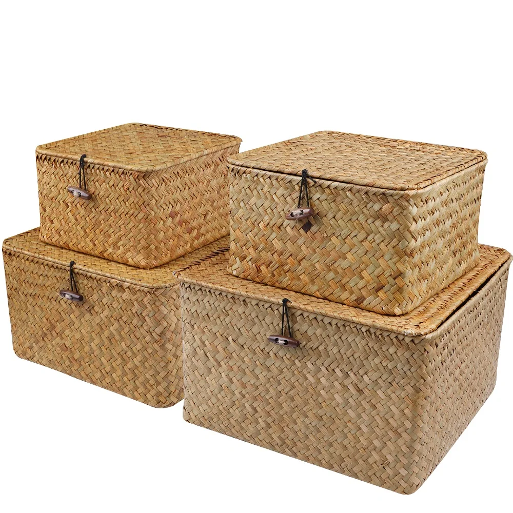 Handmade 4Pcs Set storage basket with lid rectangular seaweed rattan fabric cosmetics multi-purpose container natural box 4