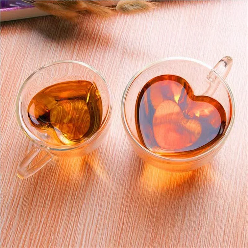 

Heart Love Shape Glass Cup Double Wall Coffee Mug with handle Anti-scald Heart Drinking Tea Milk Juice Water cup Lover Gift