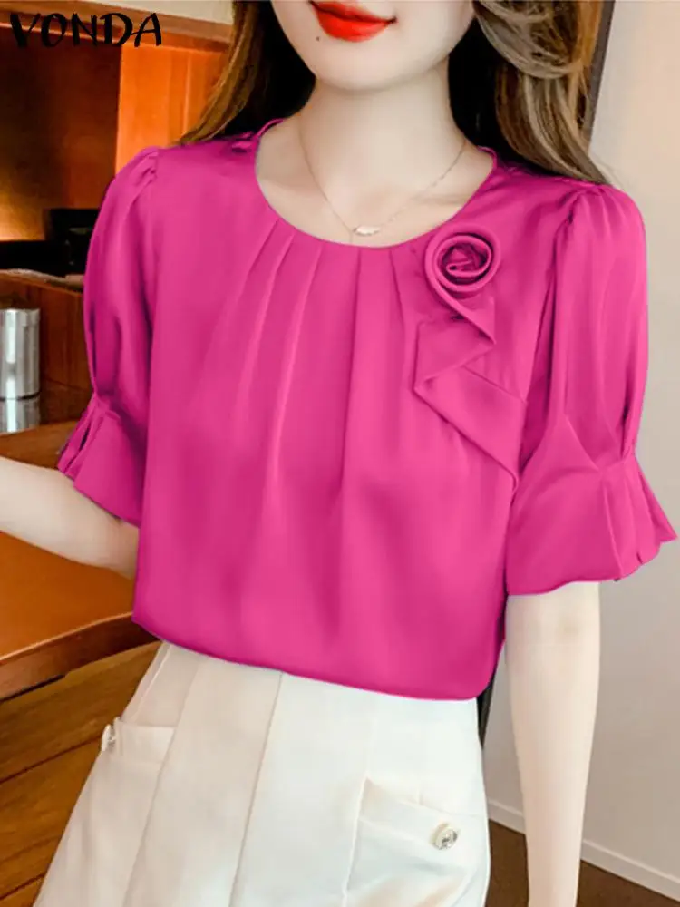 

VONDA Fashion Summer Tops 2024 Elegant Women Ruffled Blouse Solid Color Floral Shirt Casual Short Puff Sleeve Loose Blusas Femme
