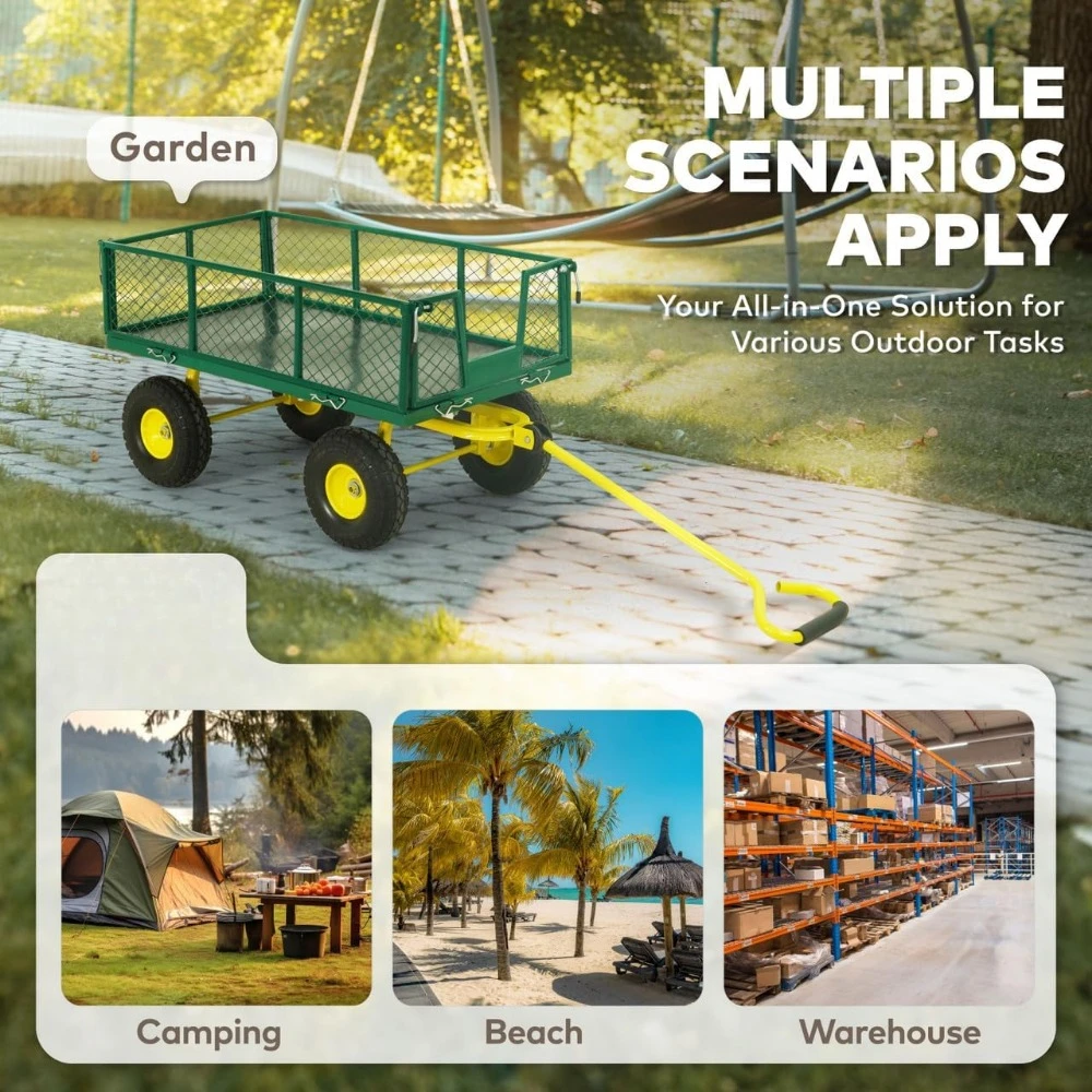Metal Black Garden Cart, w/ 180&deg; Adjustable Yellow Handle, w/Mat and Strap, Heavy Duty 880 lbs Capacity, w/ 10&rdquo; Flat-Free Tires