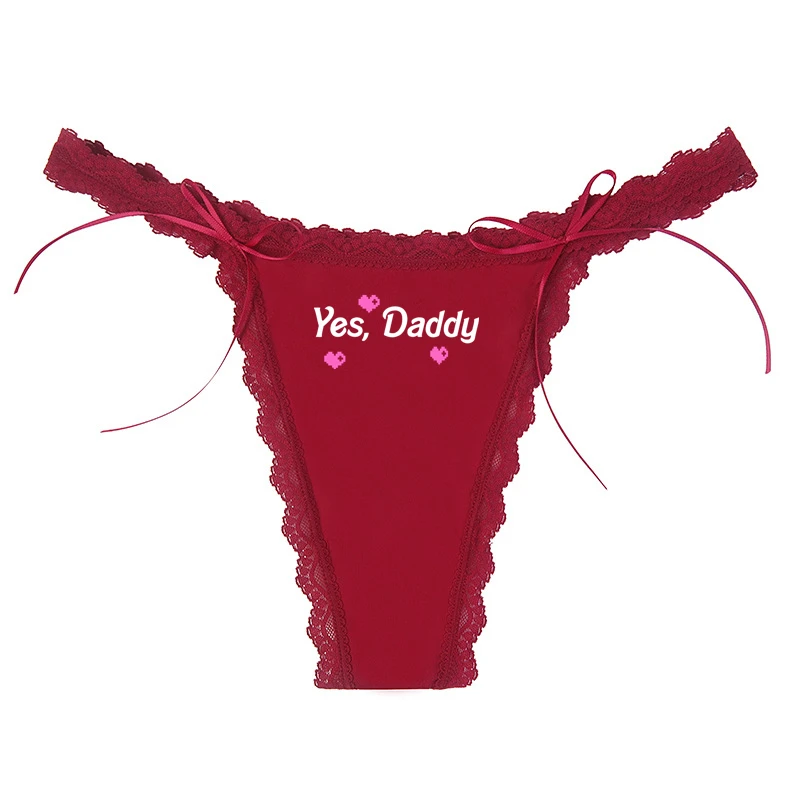 

Yes Daddy Letters Print Underwear Cute Heart Women's Sexy Lace Thong Thin Strap Underwear Ripple Edge Wine Red Traceless GString