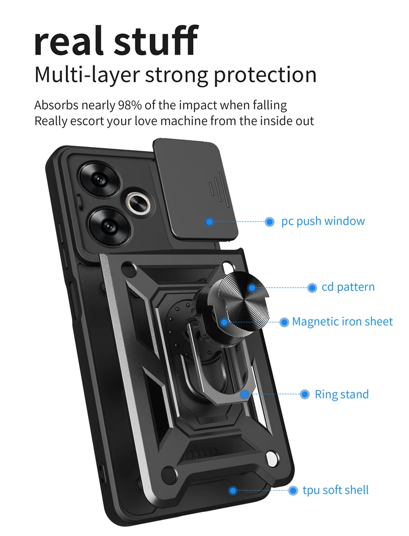 Slide Lens Protect Phone Case with Metal Ring Stand and Armor Back Cover