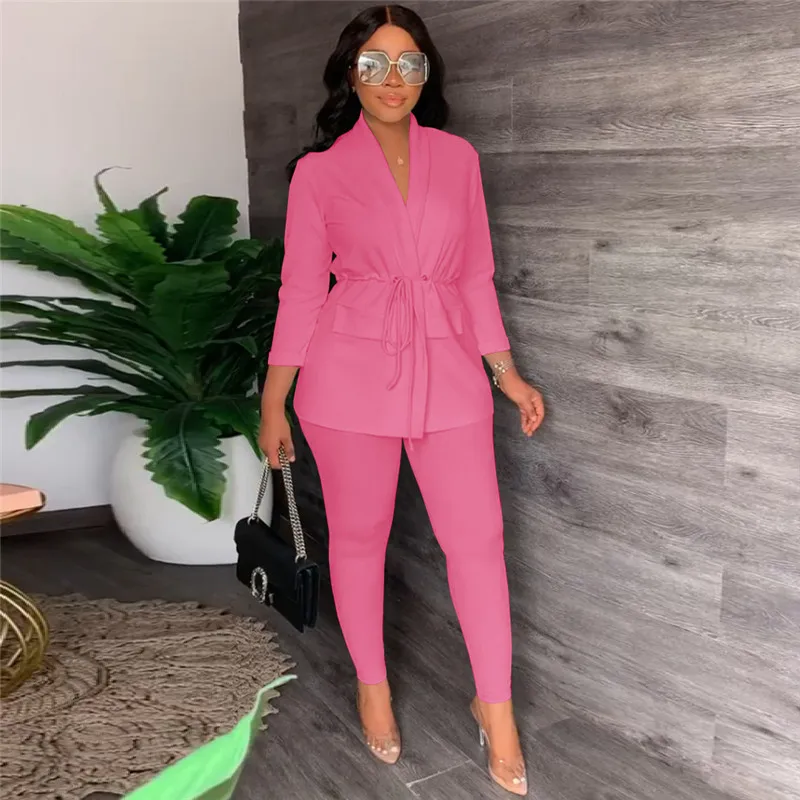 Elegant Office Lady 2 Piece Set Women Suit Drawstring pleat Blazer and Pencil Pant Sets Business Work Wear Formal Matching Sets