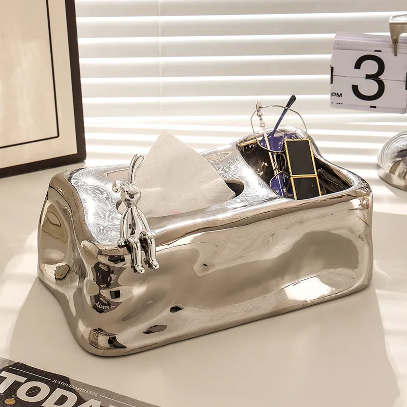Silver Ceramic Tissue Box Fold Pattern Irregular Ice Shape Silver Rabbit Napkin Holder Paper Towel Holder Home Desktop Storage 4