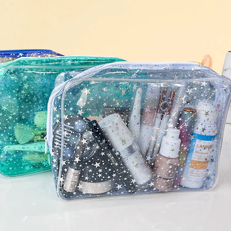 

Transparent Cosmetic Bag holographic Star PVC Makeup Bags Beauty Case Travel Make Up Organizer Storage Bath Toiletry Wash Bag