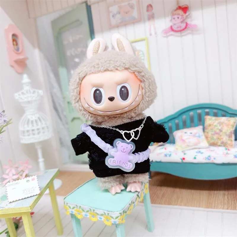 17cm Cute Mini Plush Doll's Clothes Outfit Accessories for Labubu Dolls T-shirt Sling Jumpsuit Jacket Fans Gift 4
