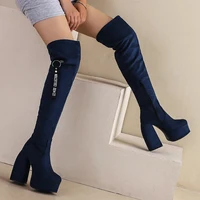2024 Ultra-High Profiled Hollow Thick Heel Frosted Flock Women's Over-The-Knee Boots Plus Size High Platform Zipper Long Boots - Image 4