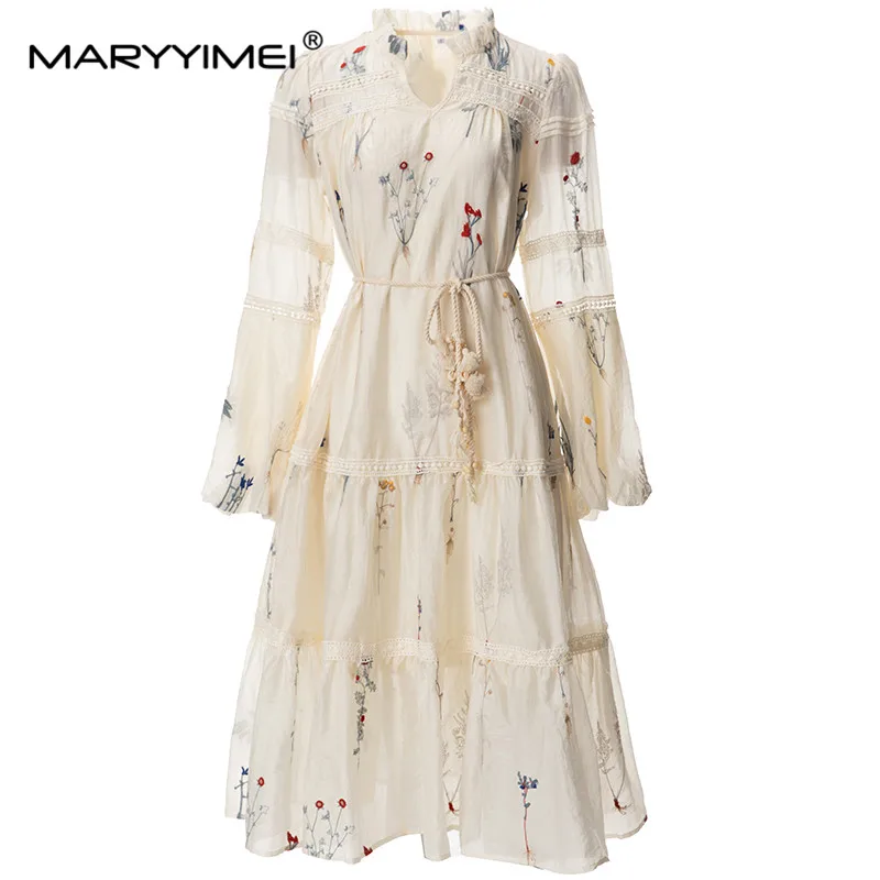 

MARYYIMEI Fashion Designer spring Summer Women's V-Neck Flounced Edge Lantern Sleeved Embroidery Hollow Out Lace-UP Dresses