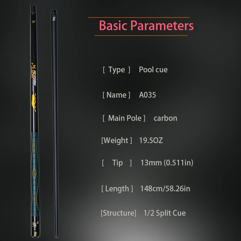 High Tech Composite Carbon Pool Cue 13mm Tip Leather Grip Leopard Pattern Perfect for American Billiards and Carom Billiards