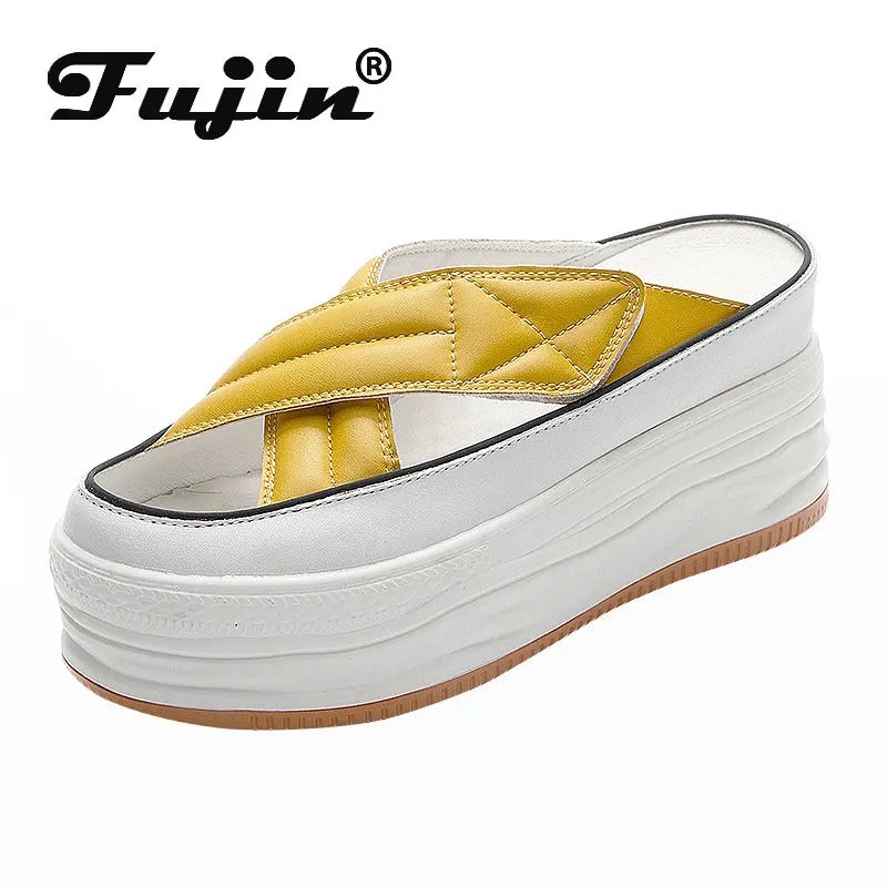 

Fujin 8cm Full Cow Genuine Leather Women Platform Slippers Wedge High Heel Sandals for Female Summer Shoes Slides Hookloop