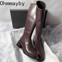 Vintage Thick Heel Women Knee High Boots Fashion Side Zippers Shoes Autumn Winter Ladies Concise Long Botas De Mujer 1