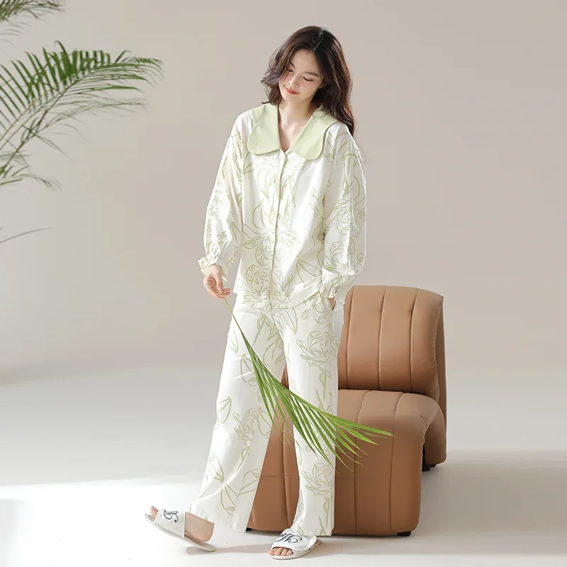 2014 Spring Pajamas Women's Long Sleeve Wear Doll Collar Floral Print Summer  Suit For Home Sleepwear Pyjamas Set Of Clothes