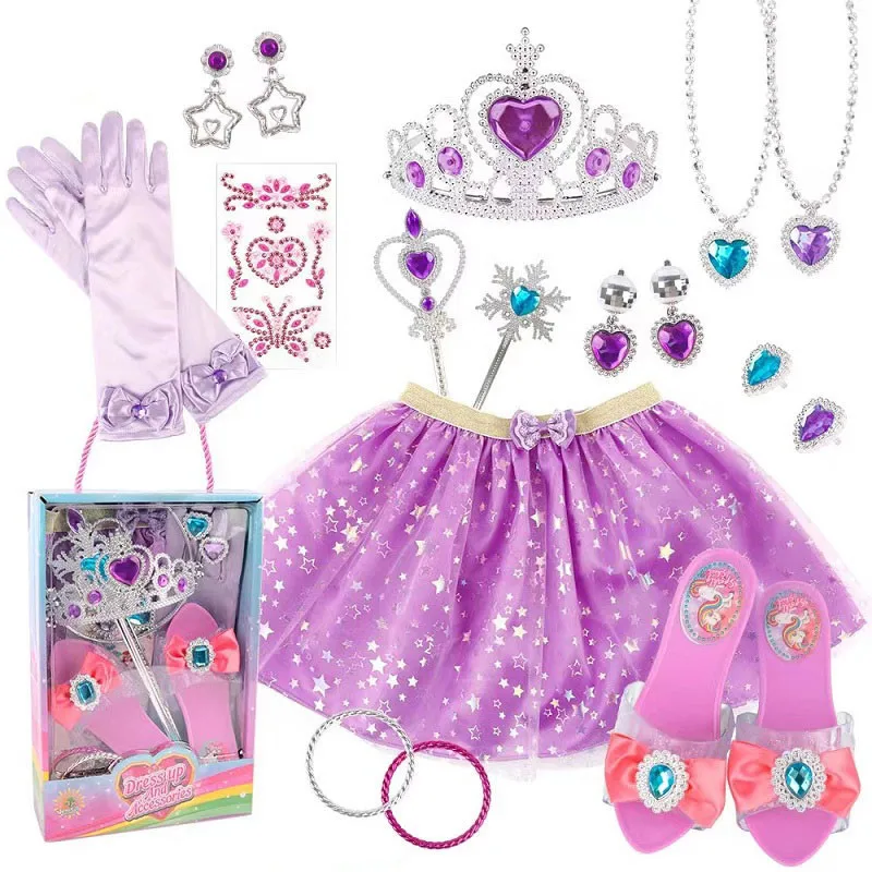 

Girl Toy Home Accessories Dress Up Magic Wand Princess Crown Crystal Shoes Bracelet Ring Bag Crown Pendant Pink Glove Set Gift