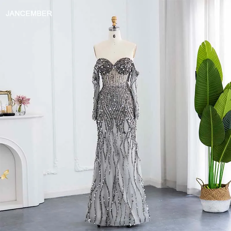 

Sexy High Quality Evening Bridesmaid Dress Off The Shoulder Long Sleeves Mermaid Beading Sequin LSCZ132 Spring Summer Gown