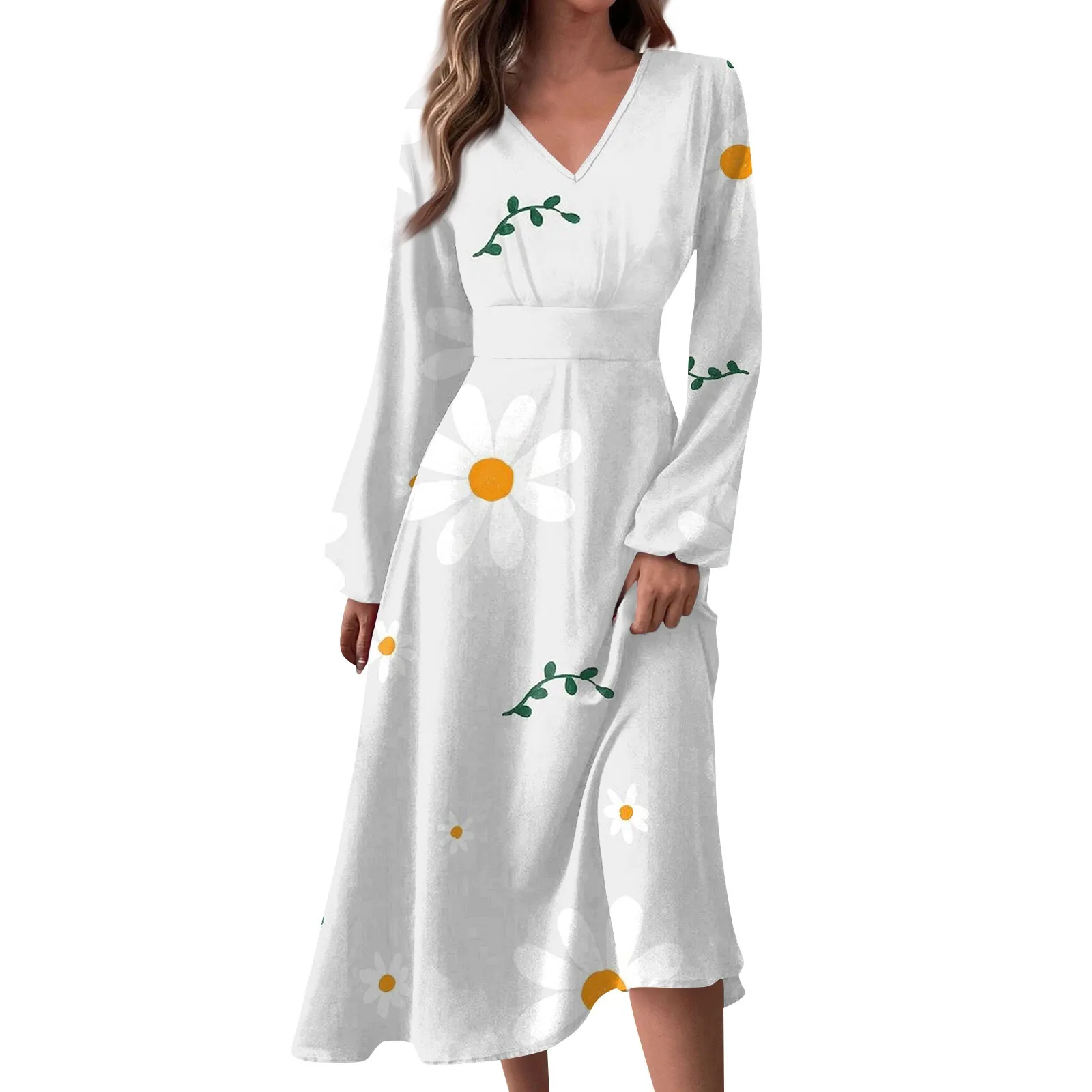 

Women's Spring And Autumn Casual Fashion V-neck Long Sleeve Floral Printed Long Dresses Women Fashion faldas 롱스커트