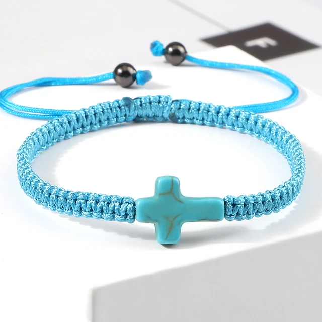97774-2e7fc2.jpg Bracelet en corde tressée fait main, turquoise naturelle, croix de Jésus, bracelet réglable pour homme, femme, couple, bijoux religieux porte-bonheur, cadeau