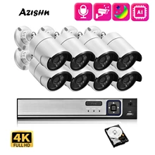 AZISHN 8MP Security Camera System 4K POE NVR Outdoor Bullet Metal Audio Video Surveillance Kit Home IP CCTV Camera Set XMEye