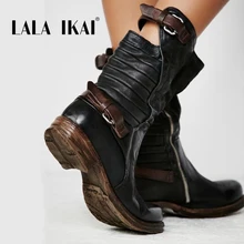 

LALA IKAI Winter Woman Boots Black Zipper Buckle Med Heel PU Leather Round Toe Ladies Western Calf Boots Shoes