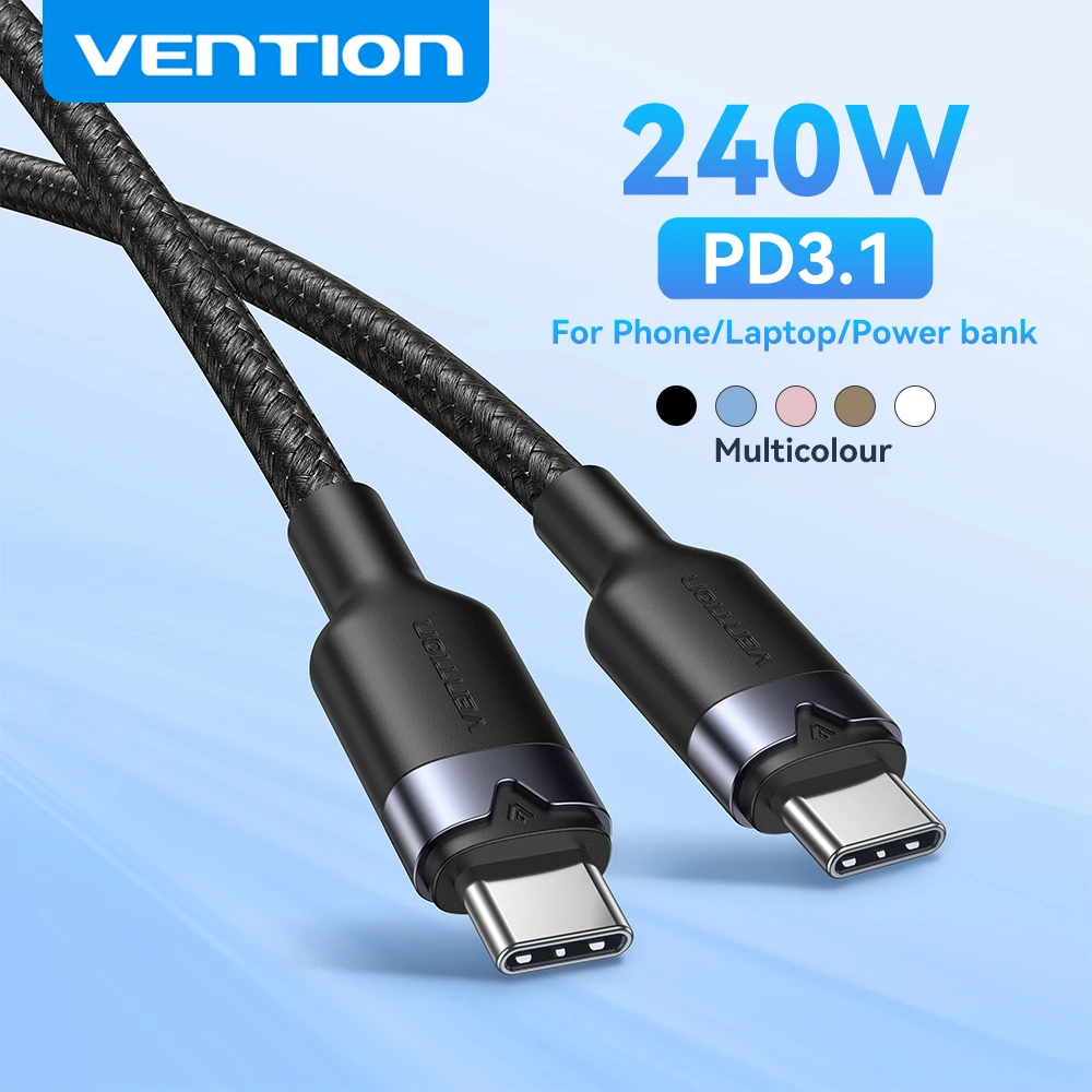 Cabo Vention 240W USB-C para Tipo C, Cabo de Carregamento Rápido USB-C PD3.1 para iPhone 17 16 15 Pro Max, Samsung S24, Xiaomi 17, Macbook