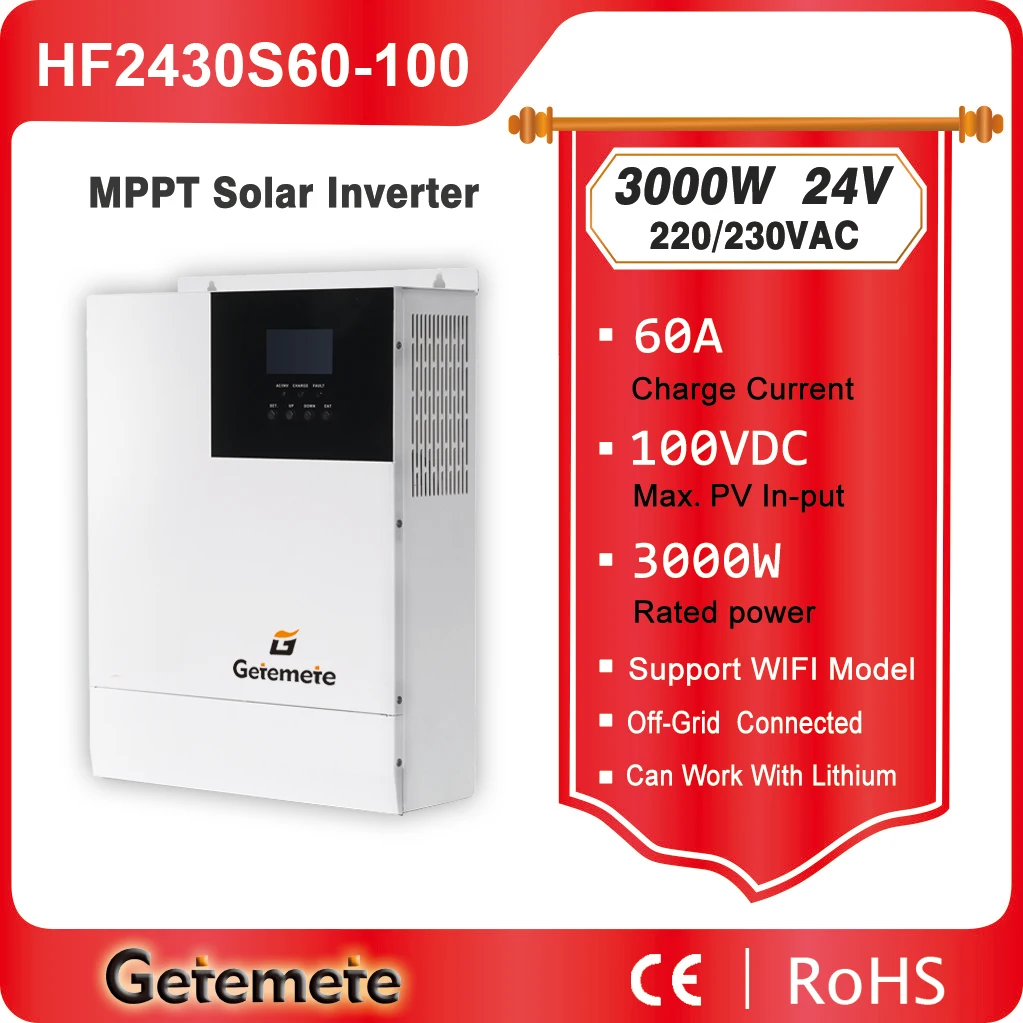 

GTMT 3KW/3KVA MPPT 60A 24V 220/240V Off-Grid Solar inverter PV Max Input 100VDC For Solar Dc to Ac Pure Sine Wave Power System