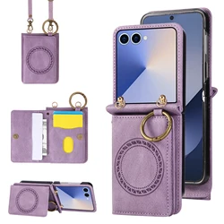 Leather Magnetic Wallet Crossbody Phone Case with Card Holder - Galaxy Z Flip5 (Purple)