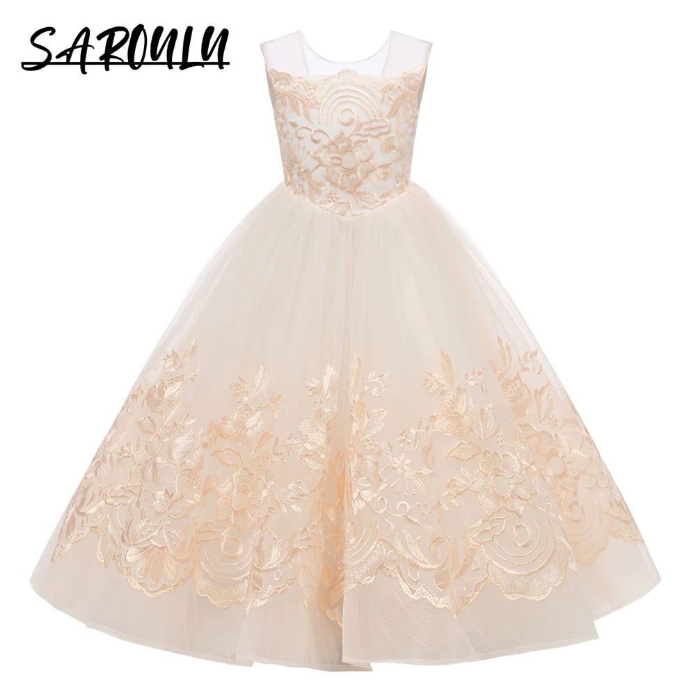 Classy Champagne Girls Dress O Neck Sleeveless Children's Formal Dresses Floral Champagne Appliques Flower Girl Dresses Wedding