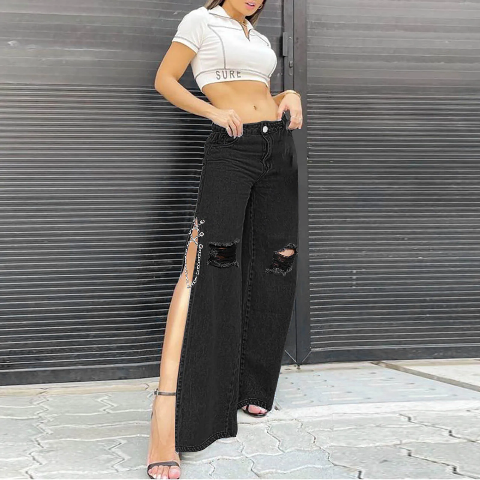 

Women High Slit Pants Ripped Personality Chain Decro Fashion Straight High Waist Jeans Zipper Fly Plus Size Female Y2K Trousers