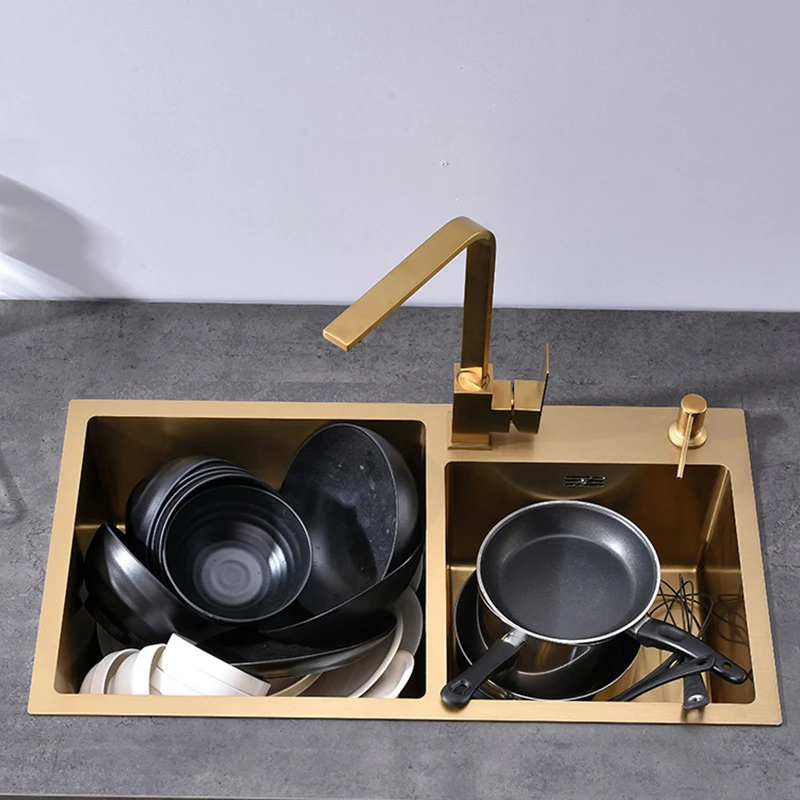 Gold kitchen sink double Sink Bowl Stainless Steel Kitchen Towel Basket Strainer Golden Washing Basin Kitchen Sinks