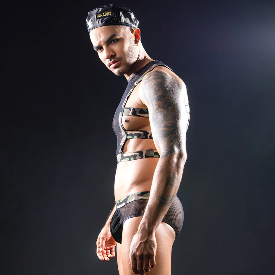 JSY Sexy Army Uniform Cosplay Lingerie Men Underwear 4 Pieces Bondage Top And Pants Set Erotic Costumes Sexy Role Play Outfit