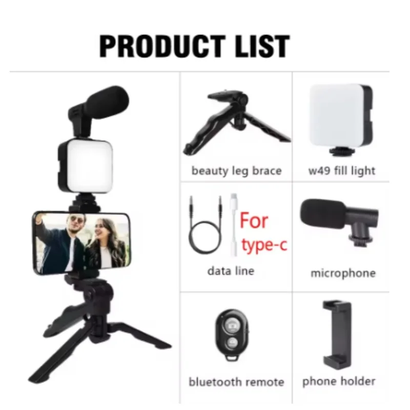 Smartphone Vlogging Kit Tripod Phone Holder Mini Microphone Fill Light Starter Portable Stabilizer Bracket Live Stream photography lighting kit smartphone video rig