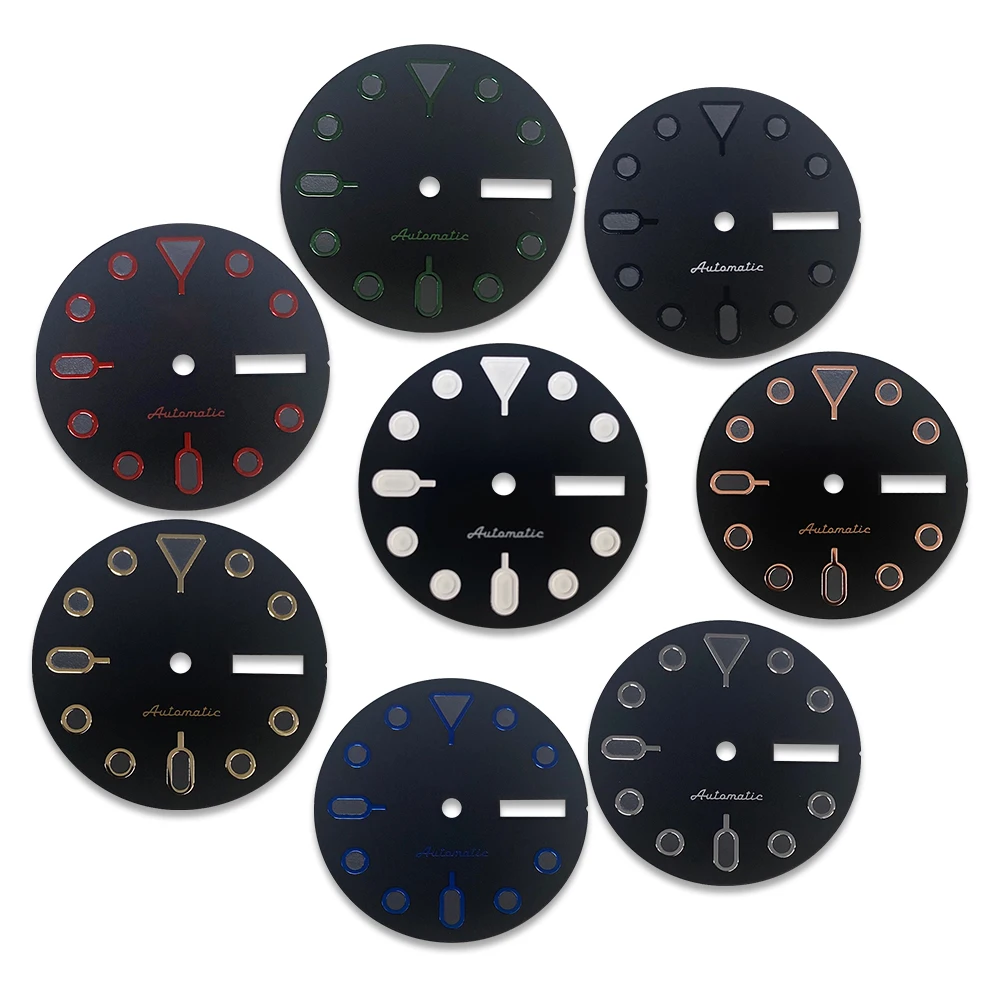 

28.5mm S Logo SKX007 PU Dial Suitable For NH36 Movement Dual Calendar Green Luminous Watch Accessories