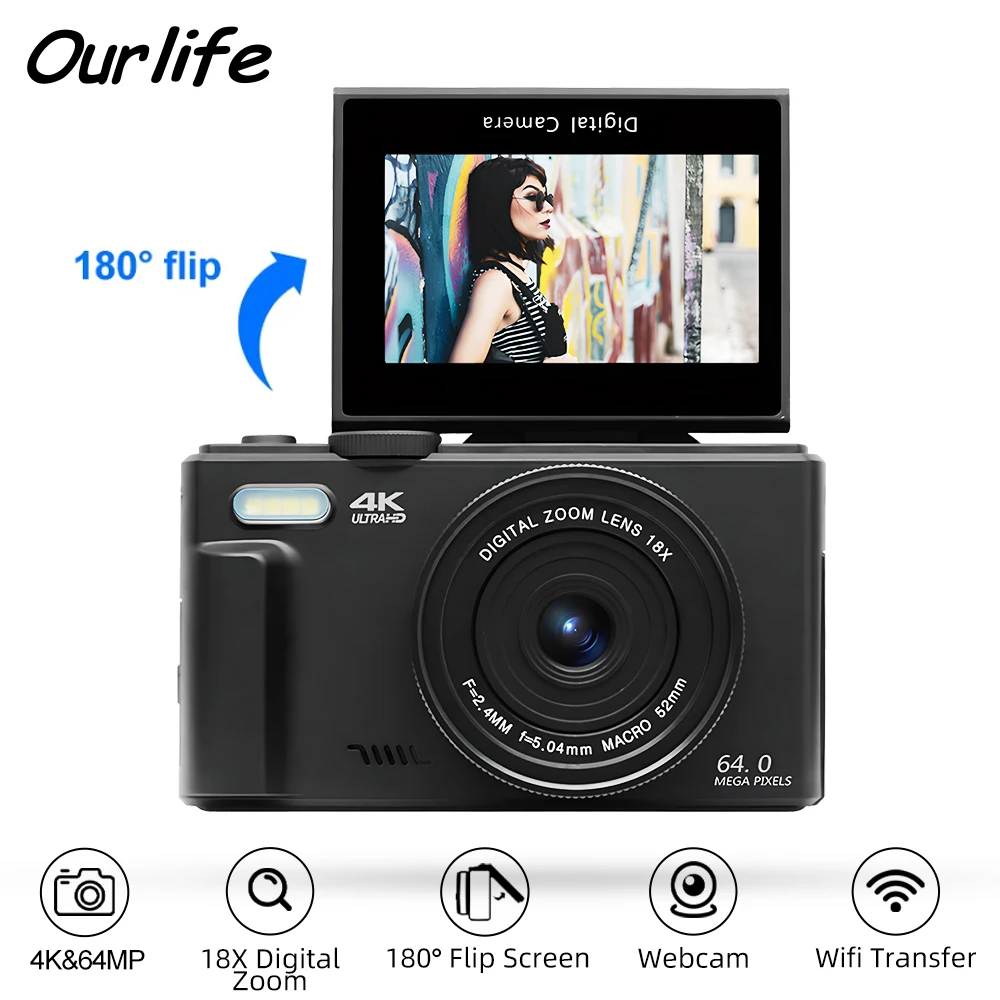 Digital Photography Camera 4K 18X Digital Zoom Vintage Video Recorder 180&deg; Flip Screen Cameras WiFi WebCam Ourlife AC600 digital camera