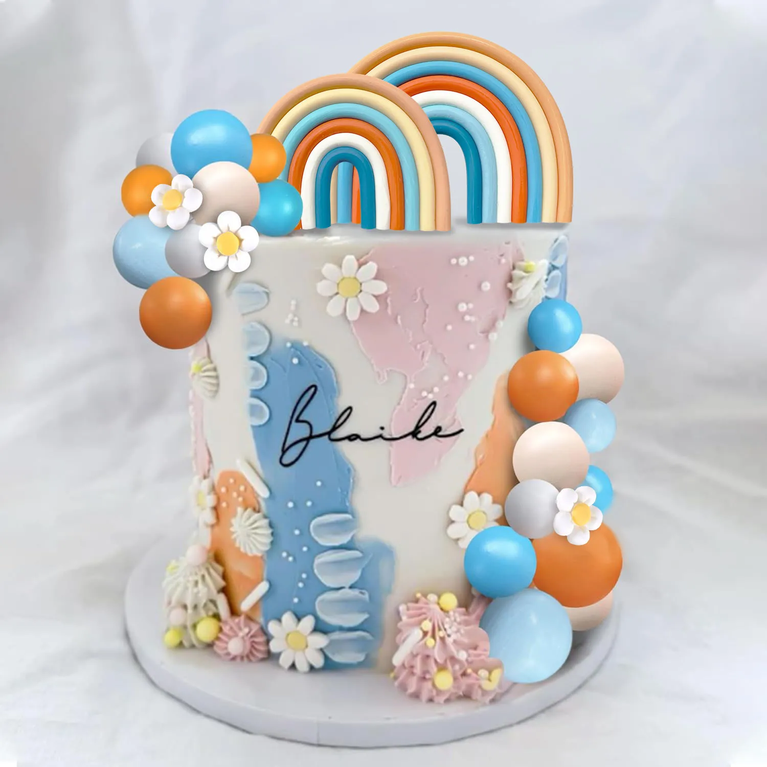 Regenbogen-Blumen-Kuchenaufsätze, Boho-Kuchendekorationen mit Blumen-Regenbogenkugeln für Mädchen, Geburtstagsfeier, Hippie, Boho, Partyzubehör – Detail 1