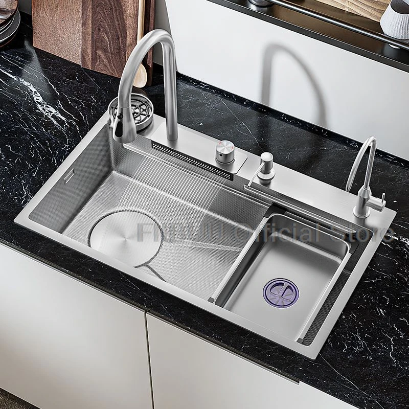 Large Capacity Multifunctional Kitchen Sink Honeycomb Embossing Vegetable Workstation With Waterfall Faucet Drain Accessories