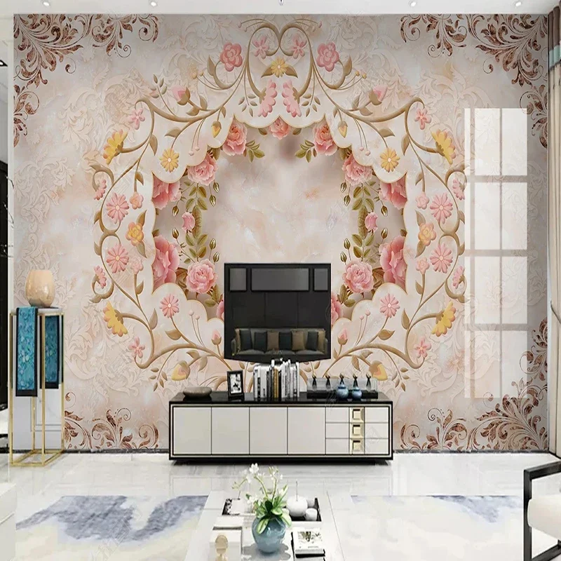 

European Style Marble Embossed Pink Flowers Photo Murals 3D Wallpaper Living Room TV Sofa Luxury Home Decor Fresco Wall Cloth