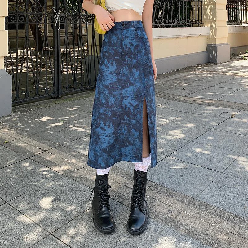 

Rimocy 2023 New Tie Dye Denim Skirt Women Punk Gothic Split High Waist Skirts Woman Streetwear Y2K A-Line Long Skirts Female