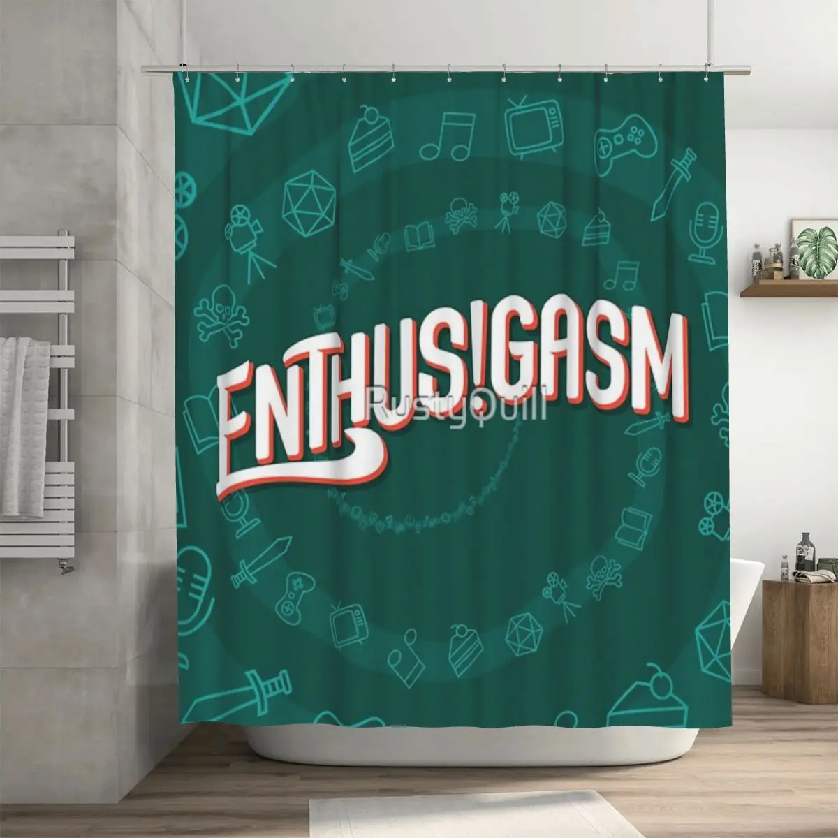 

Enthusigasm, квадратная душевая занавеска для подкастов 72x72 дюйма с крючками, персонализированная защита конфиденциальности с узором