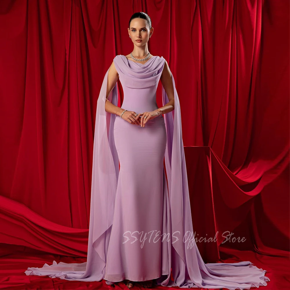 

Purple Mermaid Evening Dresses Princess Arabic Wedding Party Dress Cape Shoulder Prom Gowns Robe De Soirée Formal Party Dress