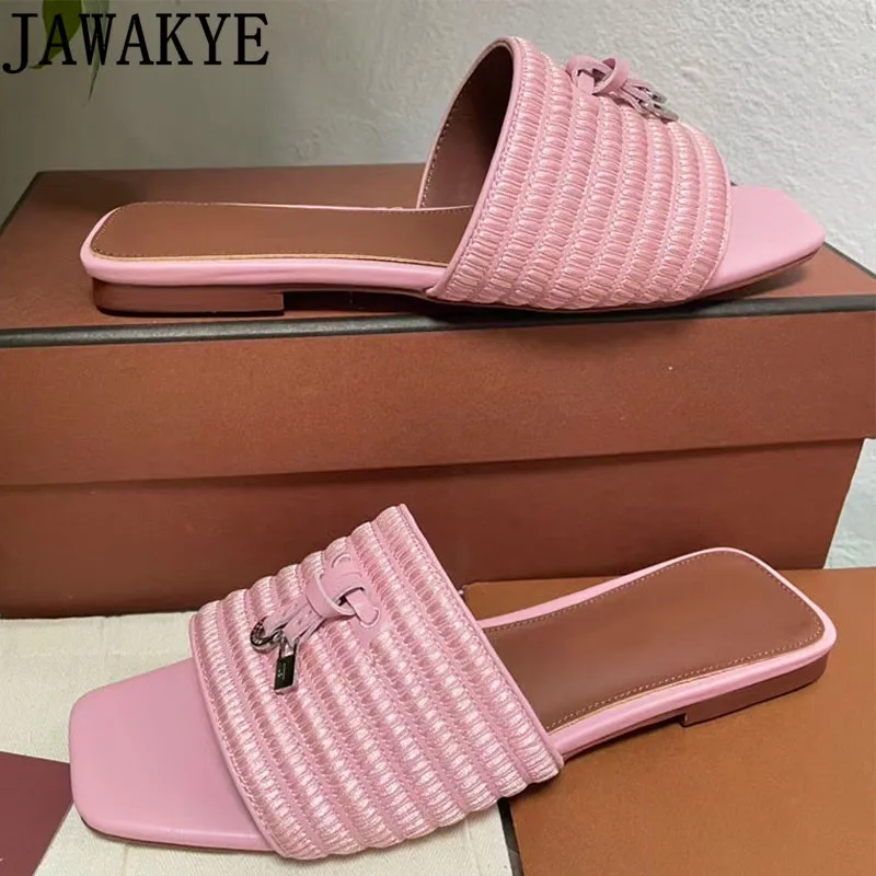 

JAWAKYE Embroidery Leather Strappy Sandals Square Open Toe Summer Slides Metal Lock Summer Outdoor Flat Slippers Women Sandals
